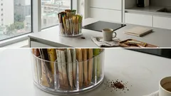 다이소 회전식 펜홀더로 스틱커피 정리했더니 테이블이 바로 깔끔해졌다